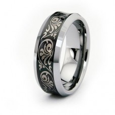 8 mm Two Tone Tungsten Band with Laser Floral Design